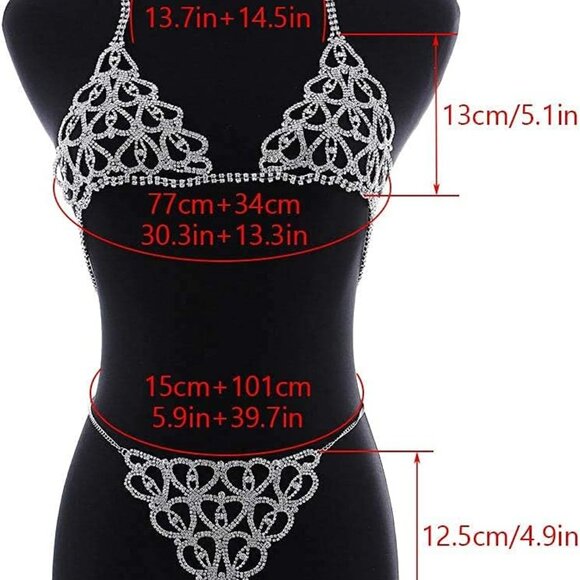 Silver Rhinestones Body Chain Bikini Set Adjustable Party Dance Jewelry - Picture 4 of 7